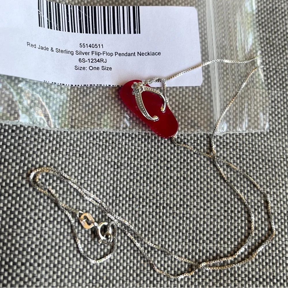 NEW Sterling Silver Red Jade Flip-Flop Slipper Shoe Pendant Necklace Beach
